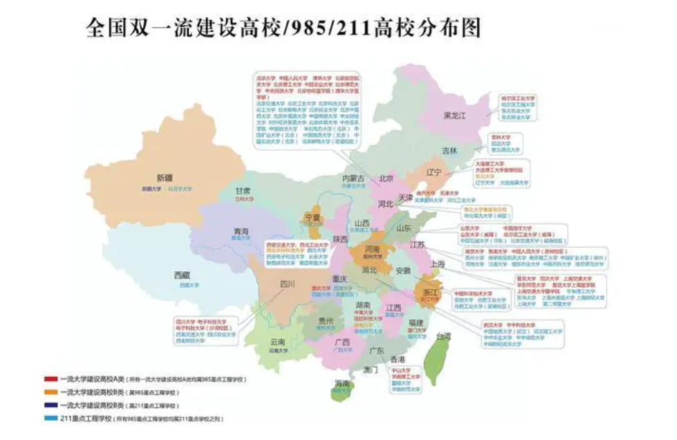 中国985211双一流大学分布区位图